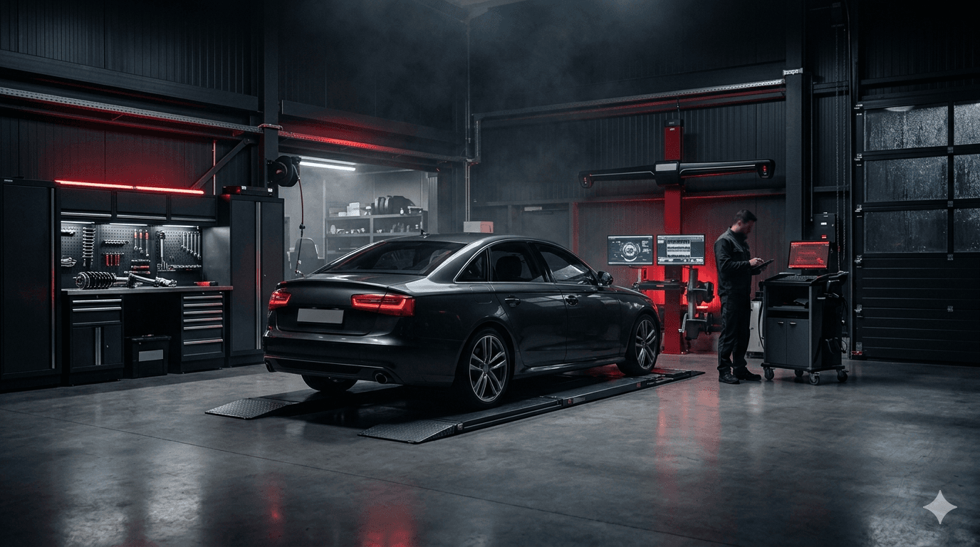 Technician servicing a European vehicle on a lift in the Forza Auto Repair service bay